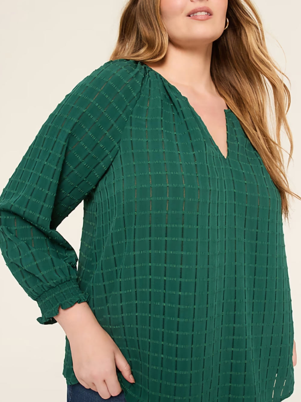 Green Textured Popover Top V-Neck Smocked Cuff Swing Blouse